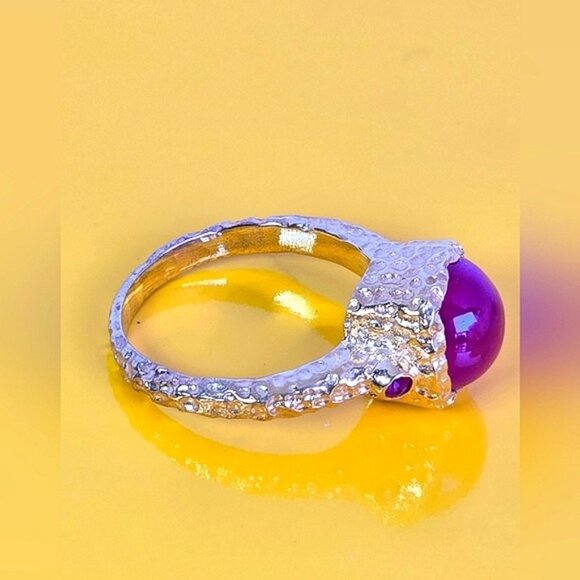 925 Sterling Silver 14K Gold Plated Avant-Garde Ring with Natural Ruby Gemstone - Picture 4 of 14